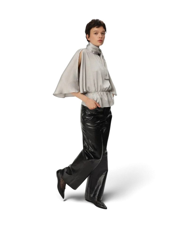 Grijze metallic look blouse met elastische band Stella Nova 
