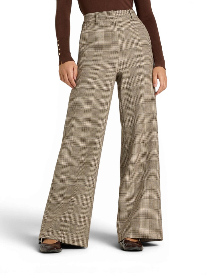 Beige broek met rechte pijpen in ruit motief Alexis Cambio