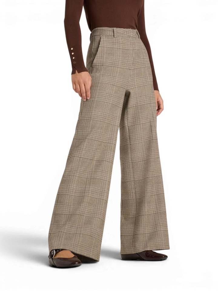 Beige broek met rechte pijpen in ruit motief Alexis Cambio