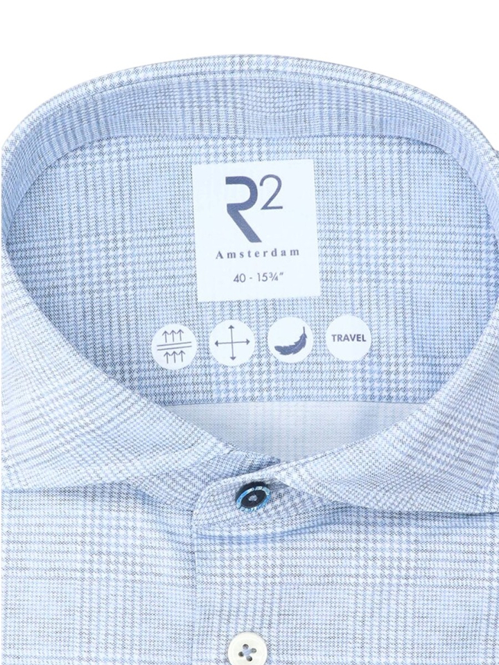 Lichtblauw katoenen hemd (regular fit) met ruiten en lange mouwen R2