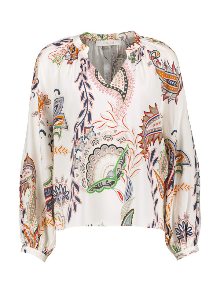 Witte zijden blouse met multicolor print Herzen's