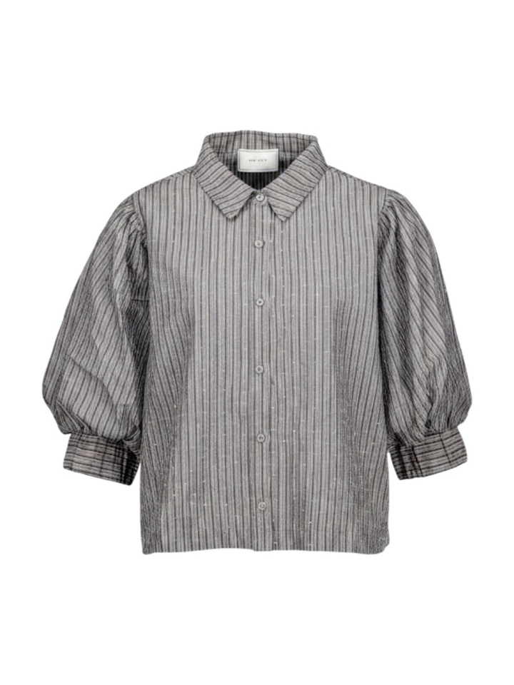Donkergrijze gestreepte blouse met diamantjes en pofmouwen Neo Noir