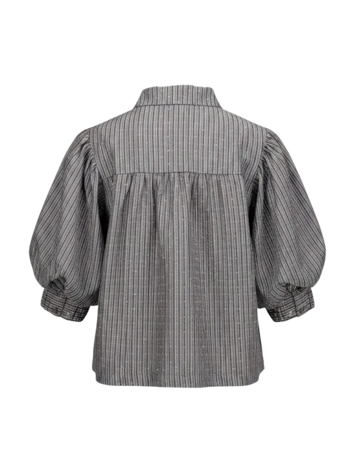 Donkergrijze gestreepte blouse met diamantjes en pofmouwen Neo Noir