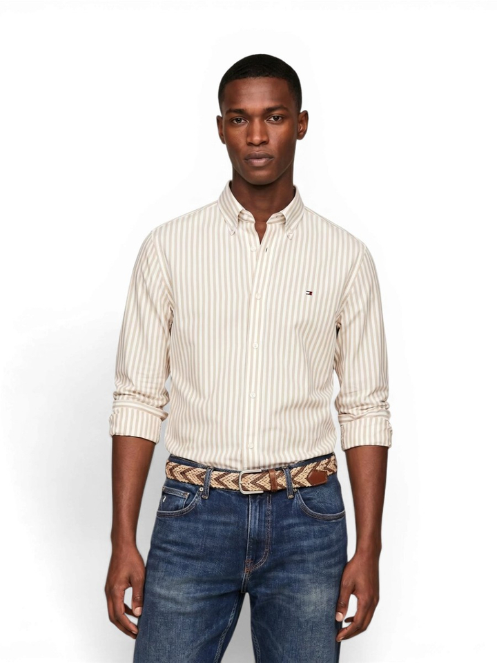 Coastal beige linnen hemd (regular fit) met strepen en lange mouwen Tommy Hilfiger