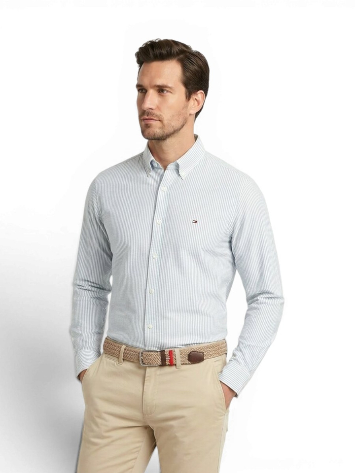 Ornamental groen linnen hemd (regular fit) met strepen en lange mouwen Tommy Hilfiger