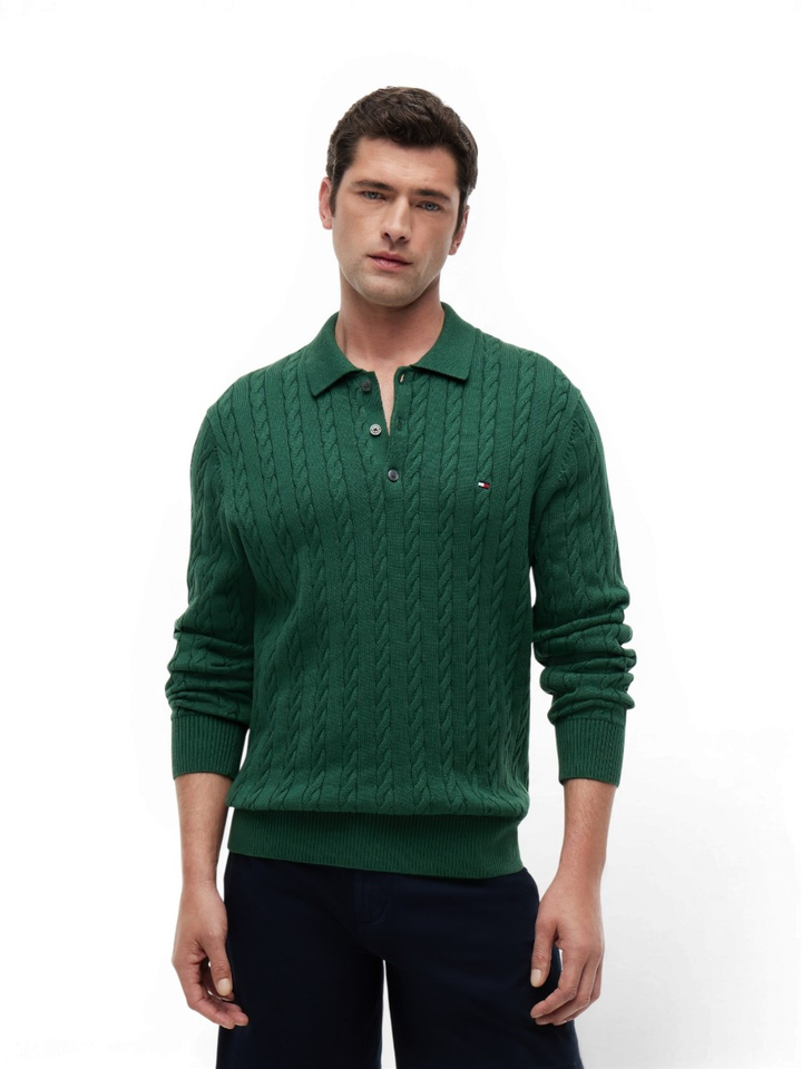 Groene trui met kabel en polo kraag Tommy Hilfiger