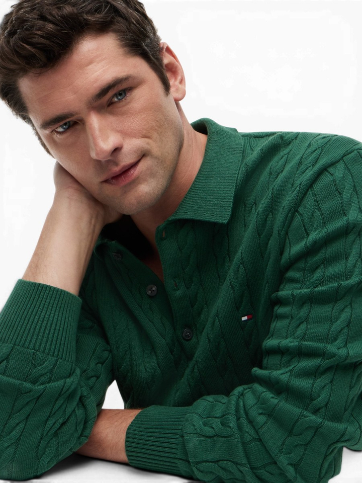 Groene trui met kabel en polo kraag Tommy Hilfiger