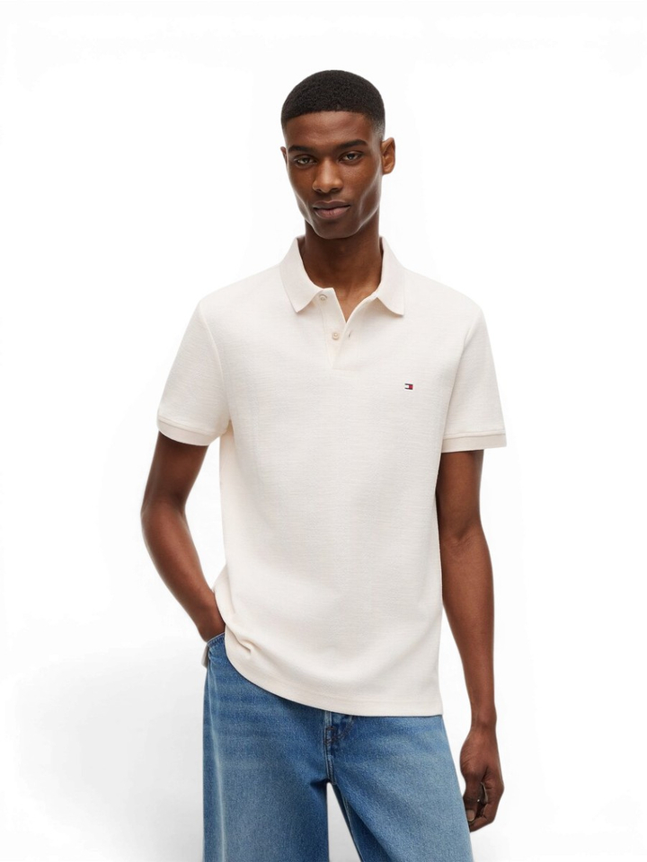 Creme kleurige polo met fijn streep motief Tommy Hilfiger