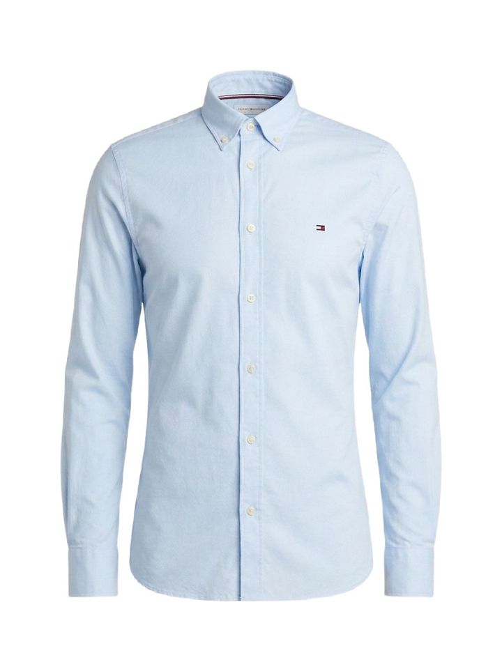 Lichtblauw katoenen hemd (slim fit) met fijn motief en lange mouwen Tommy Hilfiger