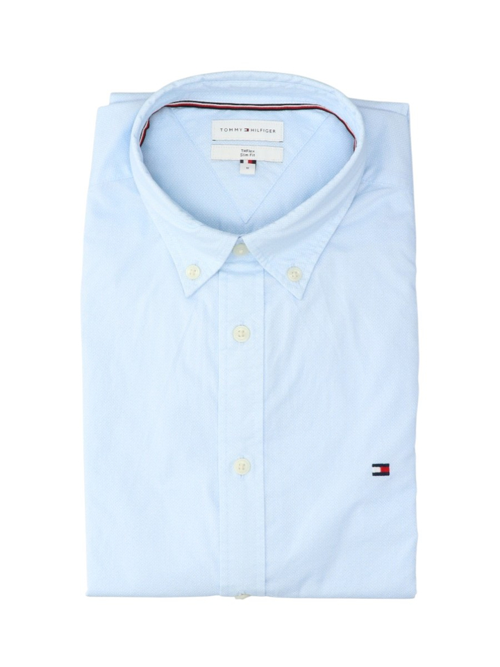 Lichtblauw katoenen hemd (slim fit) met fijn motief en lange mouwen Tommy Hilfiger