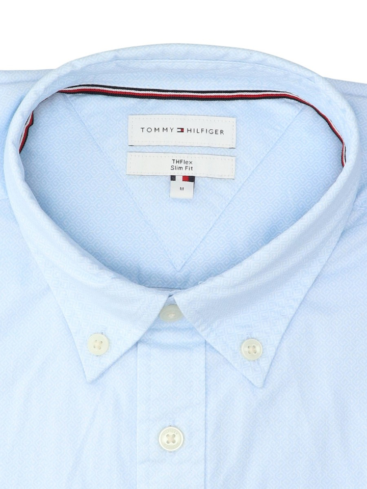 Lichtblauw katoenen hemd (slim fit) met fijn motief en lange mouwen Tommy Hilfiger