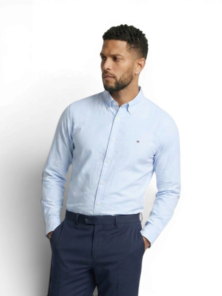 Lichtblauw katoenen hemd (slim fit) met fijn motief en lange mouwen Tommy Hilfiger