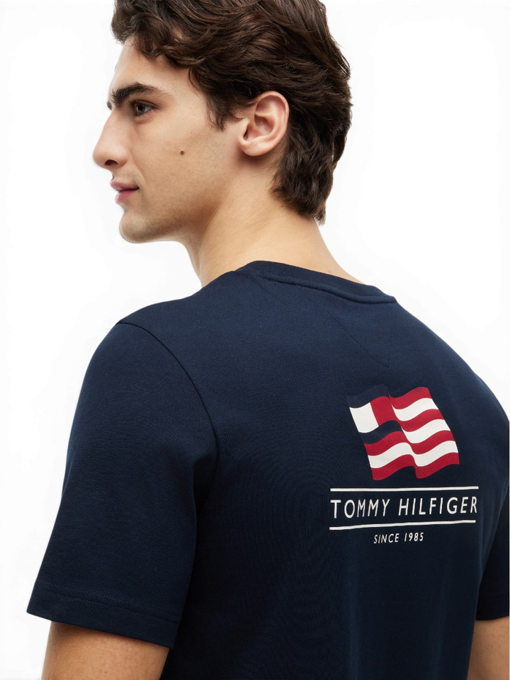 Donkerblauwe katoenen T-shirt met ronde hals en opdruk Tommy Hilfiger