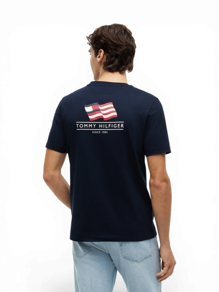 Donkerblauwe katoenen T-shirt met ronde hals en opdruk Tommy Hilfiger