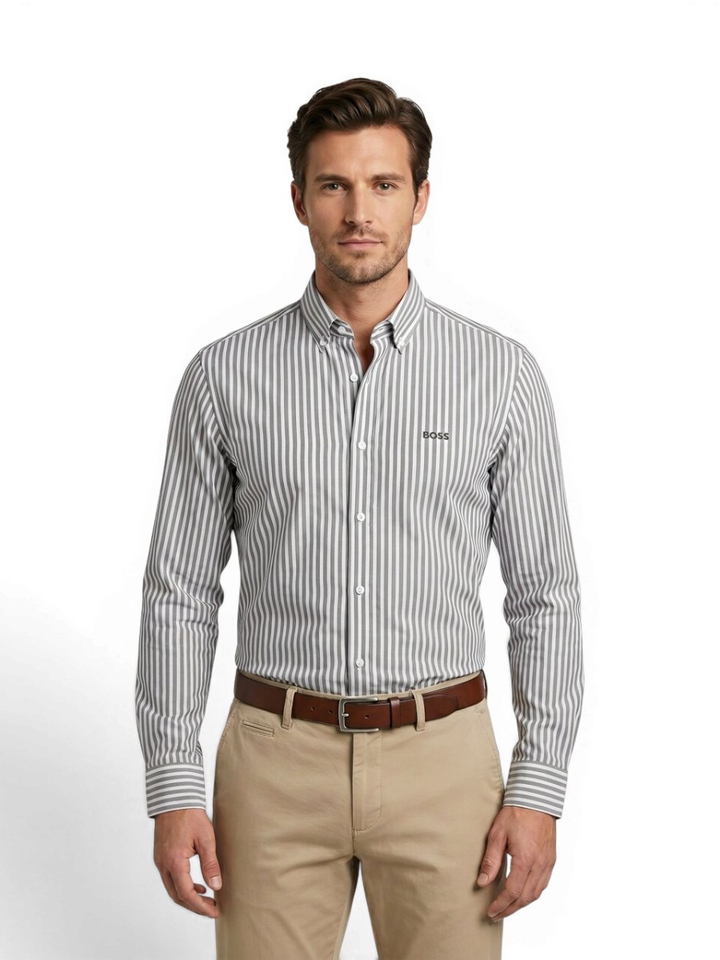 Wit katoenen hemd met groene strepen (slim fit) Hugo Boss