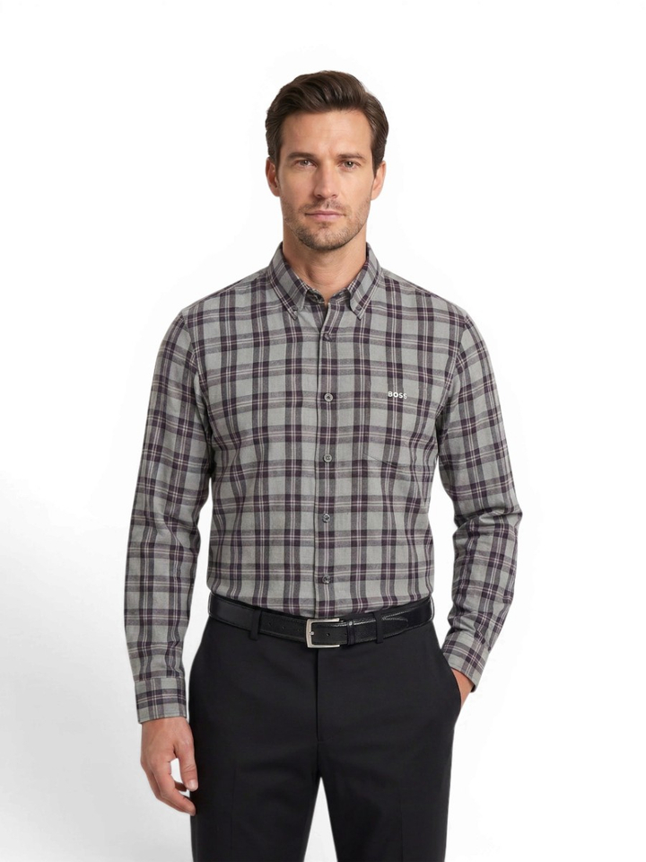 Grijs hemd (regular fit) met lange mouwen in ruit motief Hugo Boss 