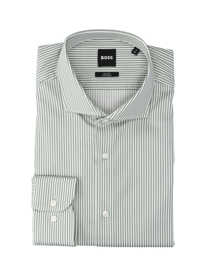Pastel green en wit gestreept katoenen hemd (slim fit) met lange mouwen Hugo Boss