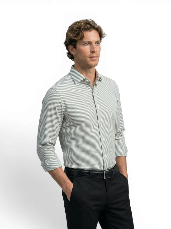 Pastel green en wit gestreept katoenen hemd (slim fit) met lange mouwen Hugo Boss