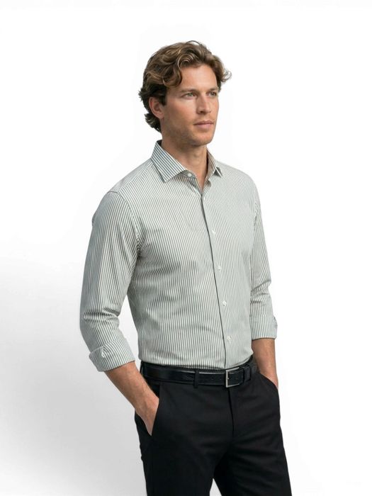 Pastel green en wit gestreept katoenen hemd (slim fit) met lange mouwen Hugo Boss