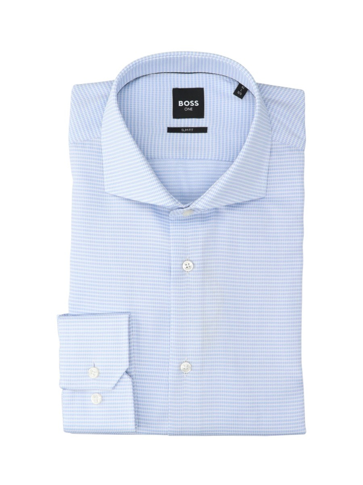 Lichtblauw katoenen hemd (slim fit) met fijne structuur en lange mouwen Hugo Boss