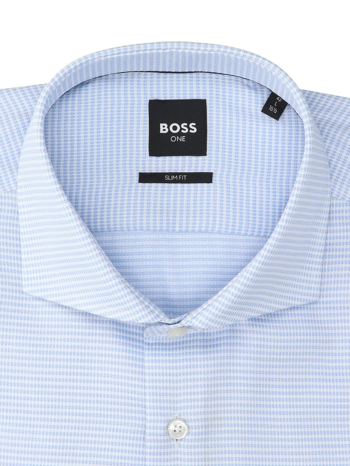 Lichtblauw katoenen hemd (slim fit) met fijne structuur en lange mouwen Hugo Boss
