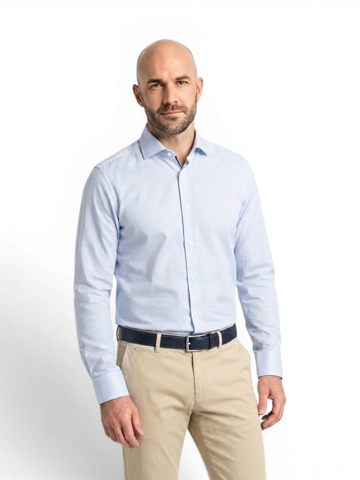 Lichtblauw katoenen hemd (slim fit) met fijne structuur en lange mouwen Hugo Boss