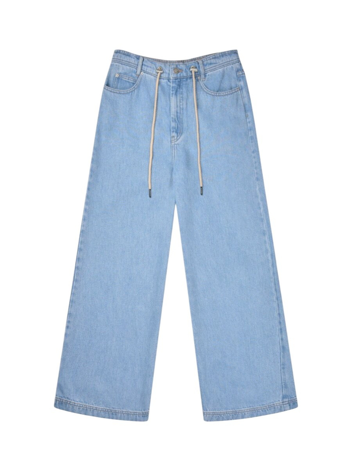 Lichtblauwe losvallende wijde broek in jeanslook Obey Munthe 