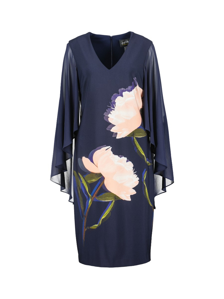 Donkerblauwe jurk met bloemenprint en voile mouw Joseph Ribkoff 