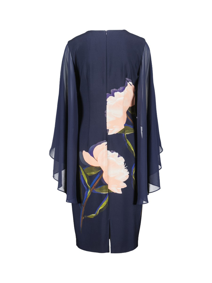 Donkerblauwe jurk met bloemenprint en voile mouw Joseph Ribkoff 