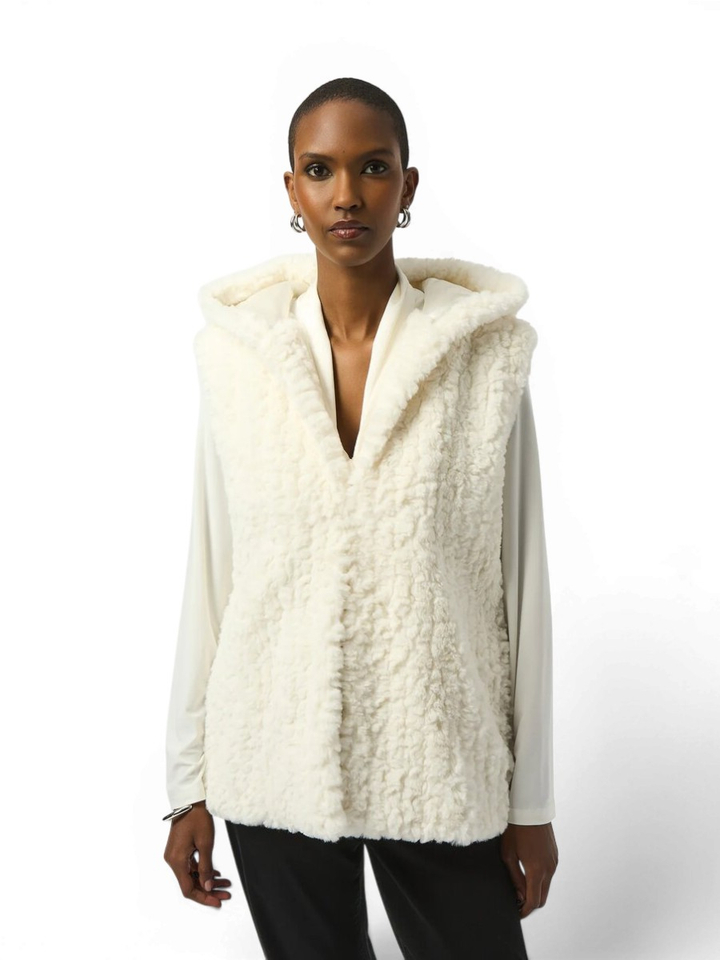 Ecru fluffy bodywarmer met kap Joseph Ribkoff
