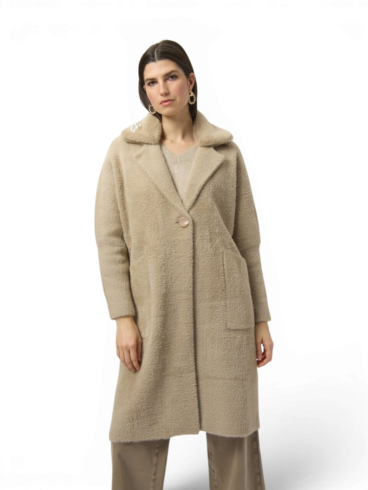 Beige zachte lange mantel met imitatiebont Joseph Ribkoff