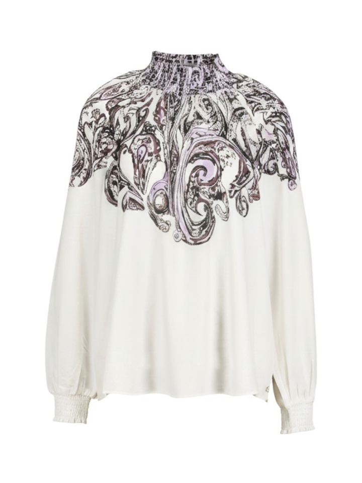 Witte bloes met print en smok aan de hals Marccain 