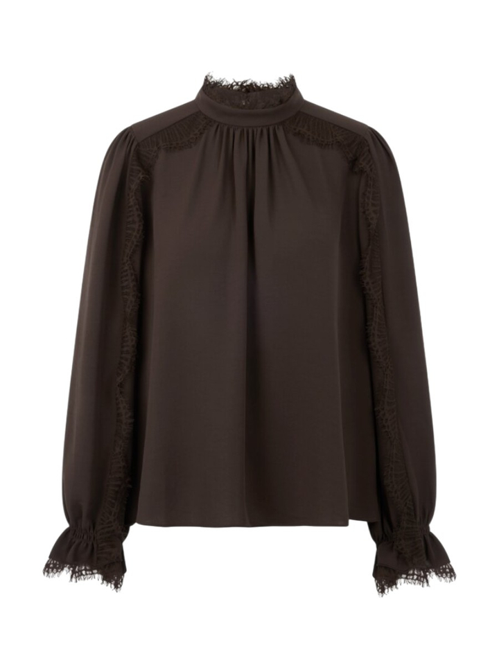 Donkerbruine soepelvallende blouse met kant Marccain