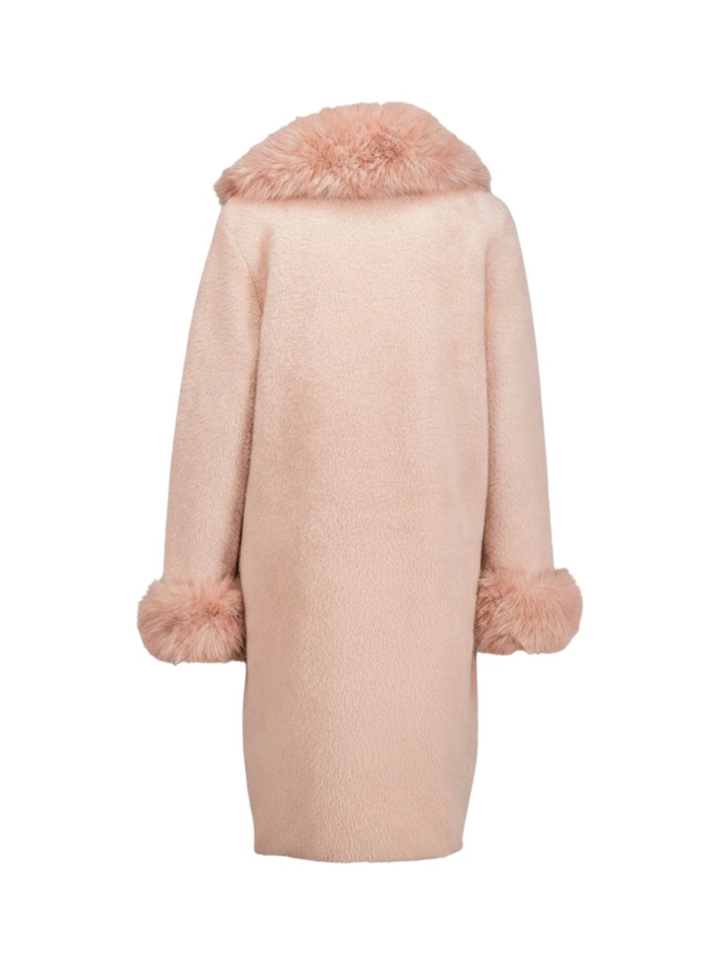 Roze lange fluffy jas met imitatiebond Joseph Ribkoff 