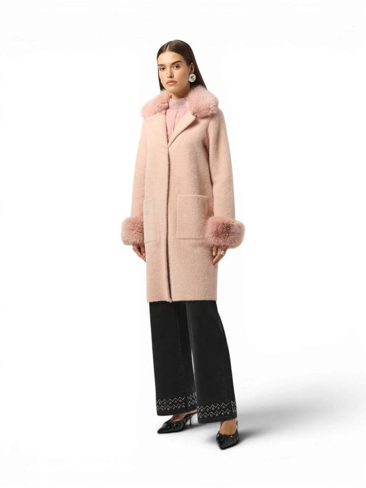 Roze lange fluffy jas met imitatiebond Joseph Ribkoff 