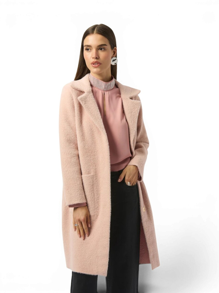 Roze lange fluffy jas met imitatiebond Joseph Ribkoff 