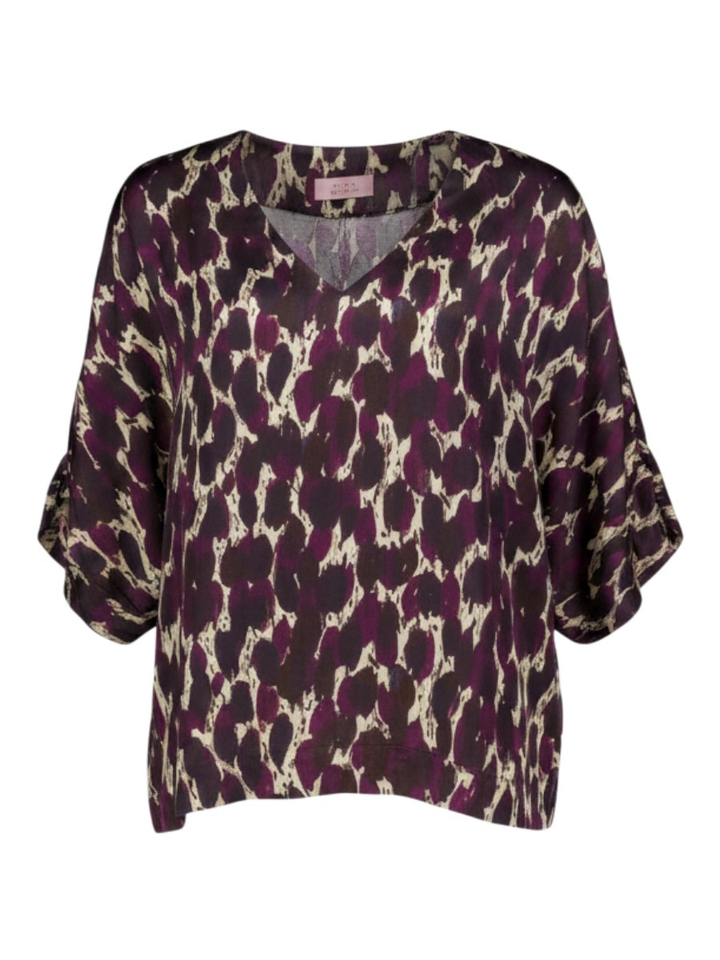 Aubergine blouse met V-hals en abstracte print Studio Anneloes