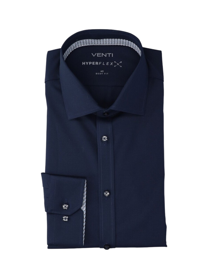 Navy hyperflex katoenen hemd ( regular fit) met lange mouwen Venti