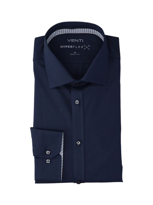Navy hyperflex katoenen hemd ( regular fit) met lange mouwen Venti