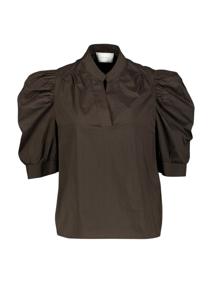 Donkerbruine blouse met pofmouw Roella Neo Noir 
