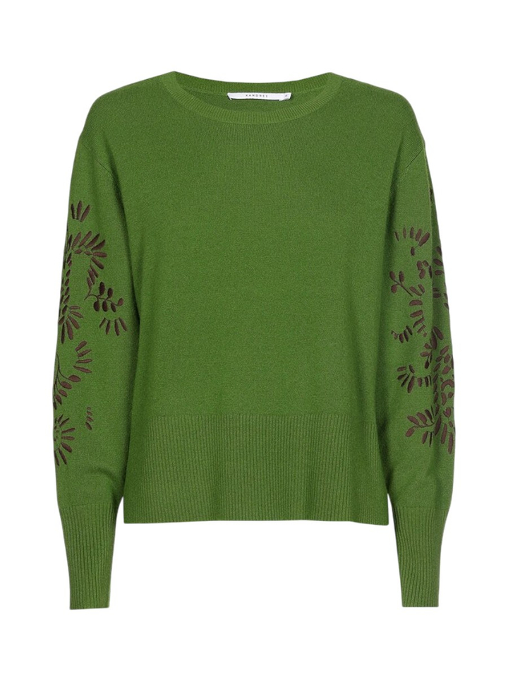 Groene wollen trui met bloemdetail op de mouw Arnes Xandres