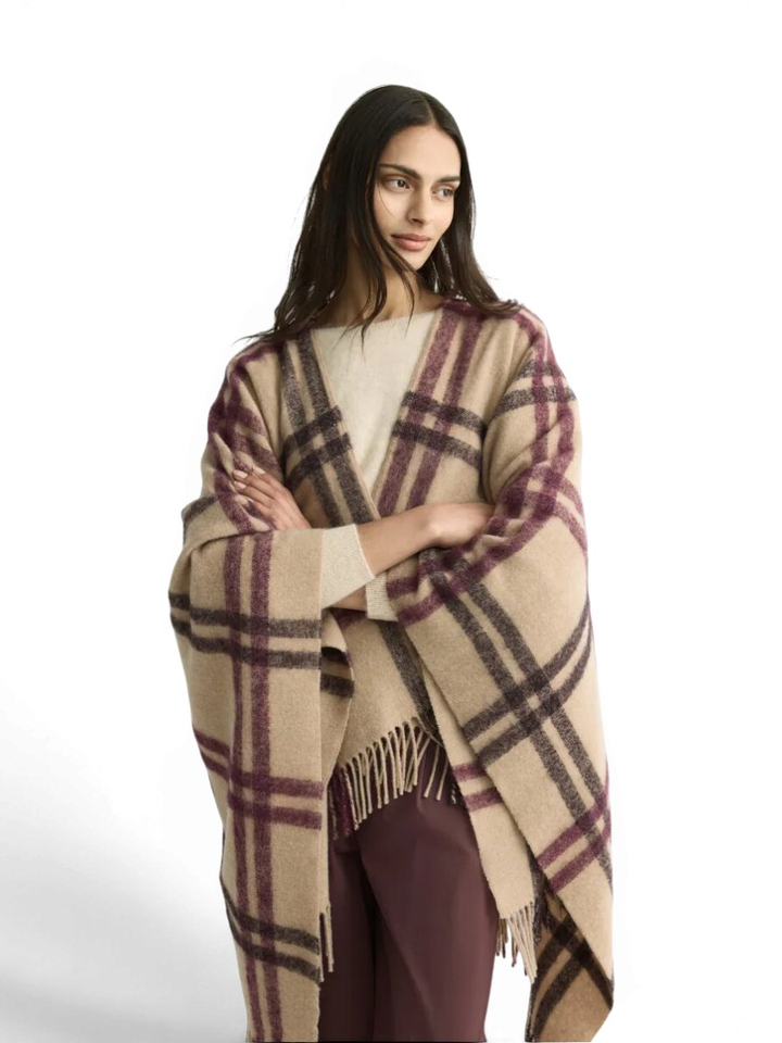 Beige wollen poncho met ruit motief Poncho Allie Xandres