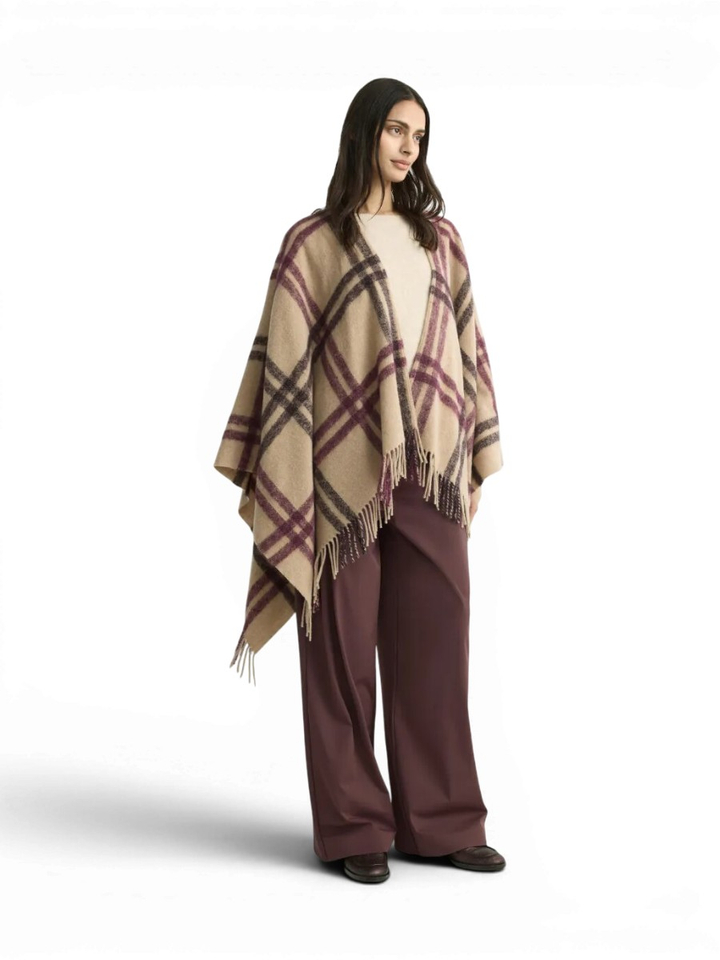 Beige wollen poncho met ruit motief Poncho Allie Xandres