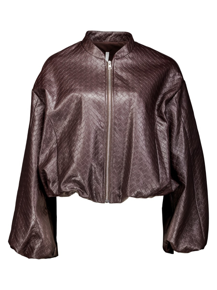 Donkerbruine korte lederlook jack met gevlochten motief Imperial
