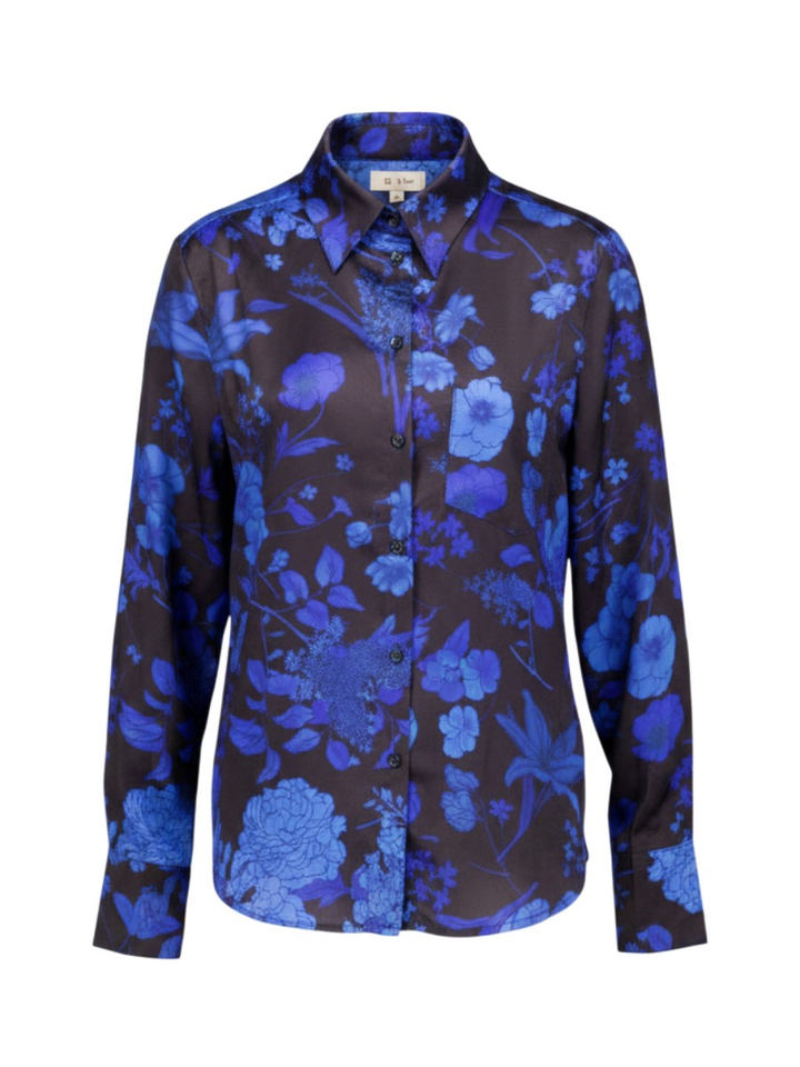 Donkerblauwe zijden bloes met bloemenprint AVDW