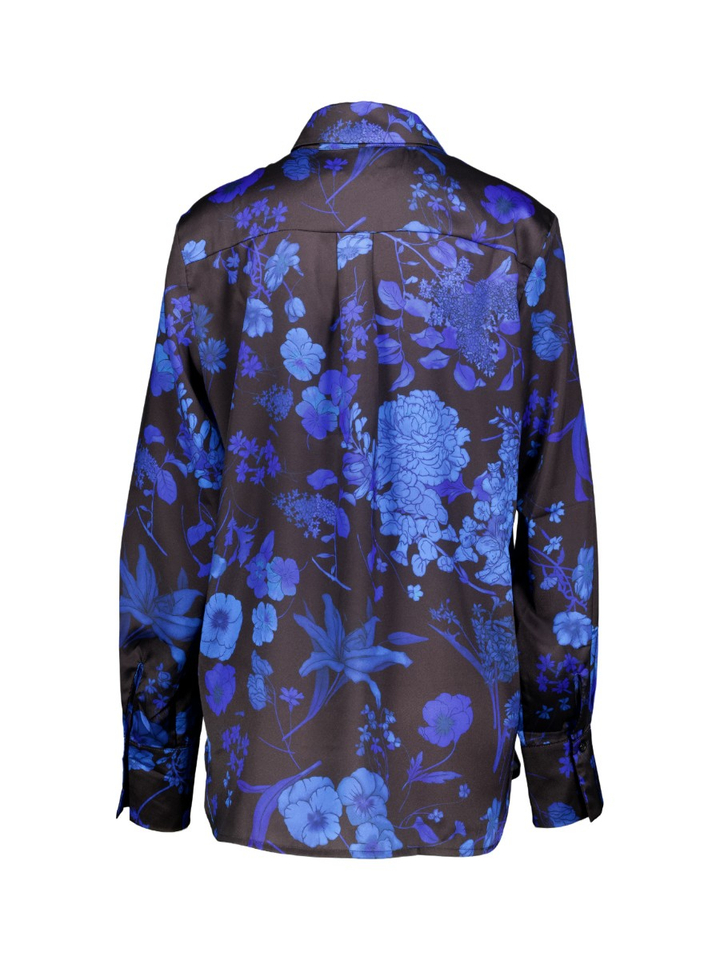 Donkerblauwe zijden bloes met bloemenprint AVDW