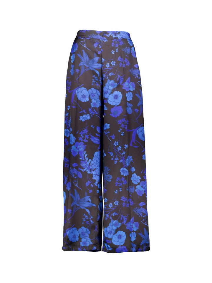 Donkerblauwe zijden broek met bloemenprint Olga AVDW