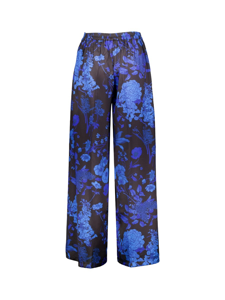Donkerblauwe zijden broek met bloemenprint Olga AVDW