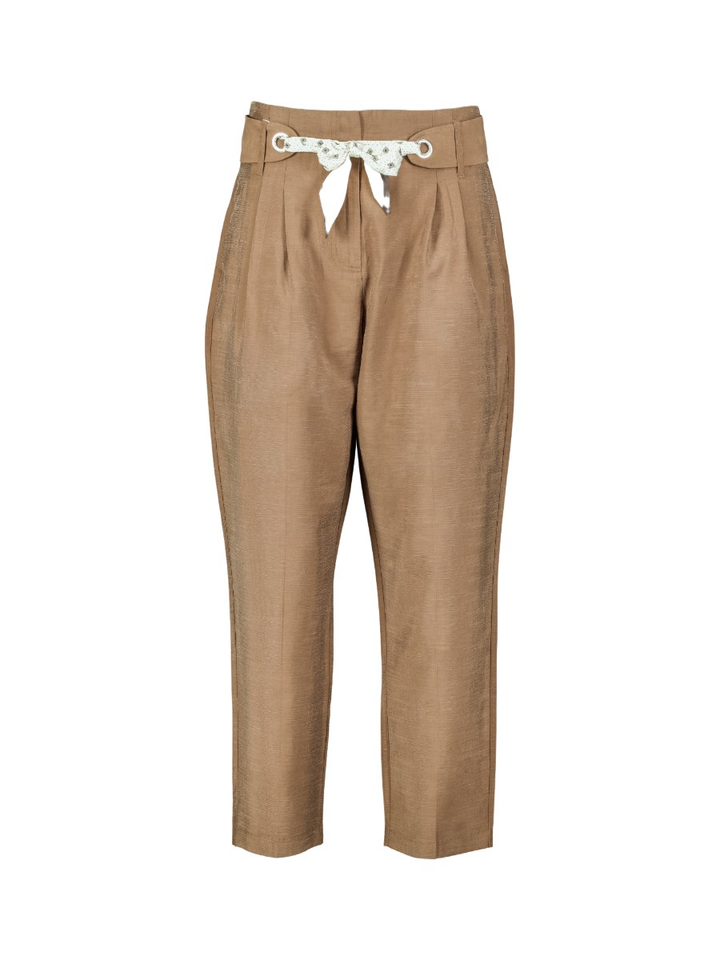 Bruine high-waist broek met rechte pijpen en sjaalceintuur Yaya