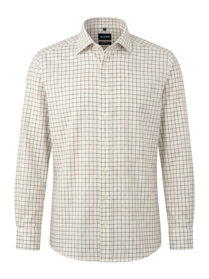 Wit hemld met bruin en groen ruit motief ( modern fit) met lange mouwen Olymp